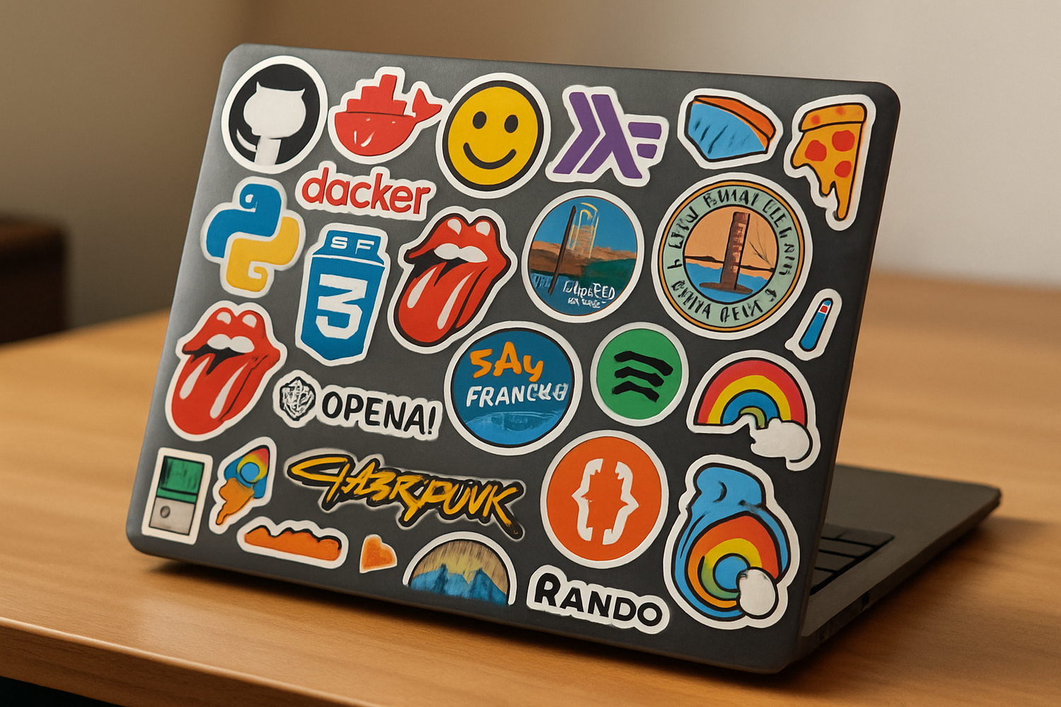 a laptop with stickers all over it